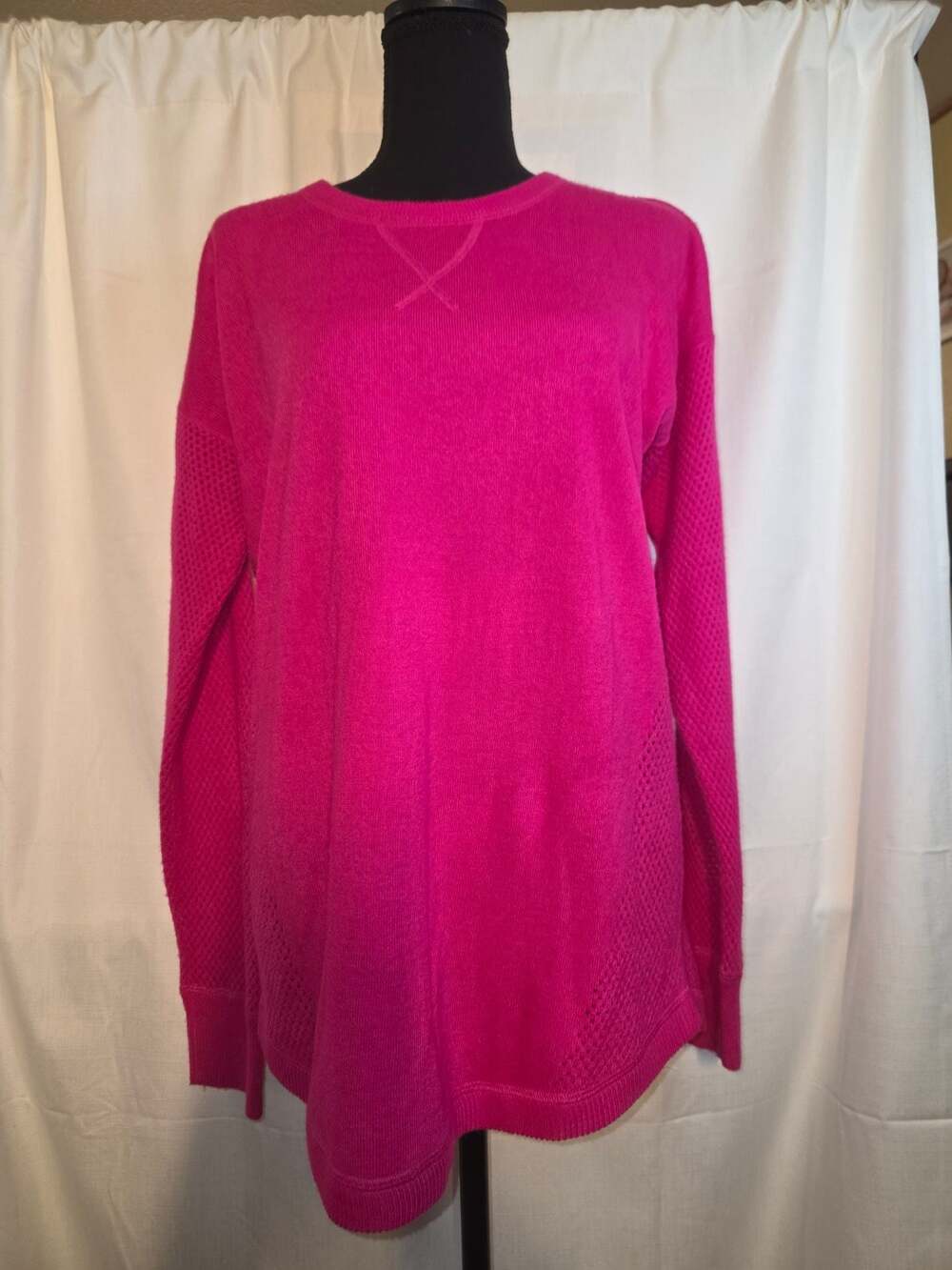 Sweet Romeo Hot Pink Long Sleeve Crewneck Open Knit Tunic Sweater Size L